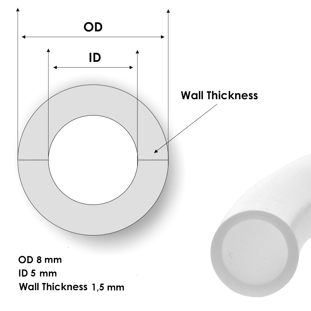 Tube En Silicone Transparent Qualité Alimentaire - 5x8 Mm (intérieur/extérieur), 1.5 Mm D'épaisseur, Longueur 7 M